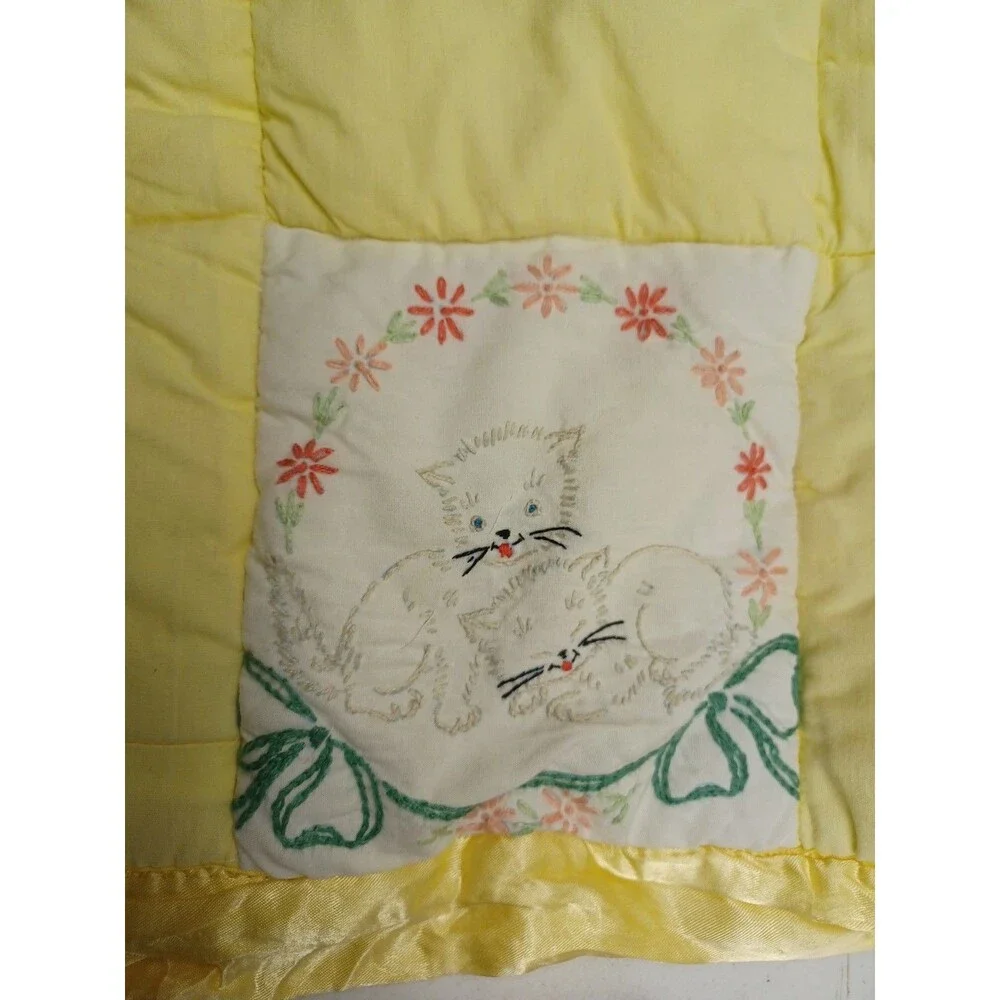 Vtg 70's Quilted Baby Crib Quilt Yellow Animals Embroidery Unisex 48x30